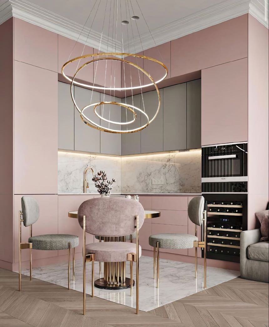modern pink kitchen with light herringbone wooden flooring